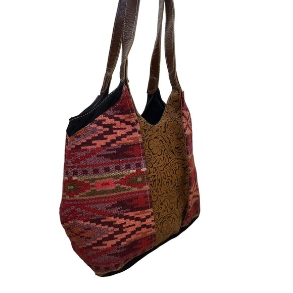 Pokoloko Women’s Multicolor Fabric & Leather Boho Pattern Handmade Tote Bag Sz M - Picture 4 of 10